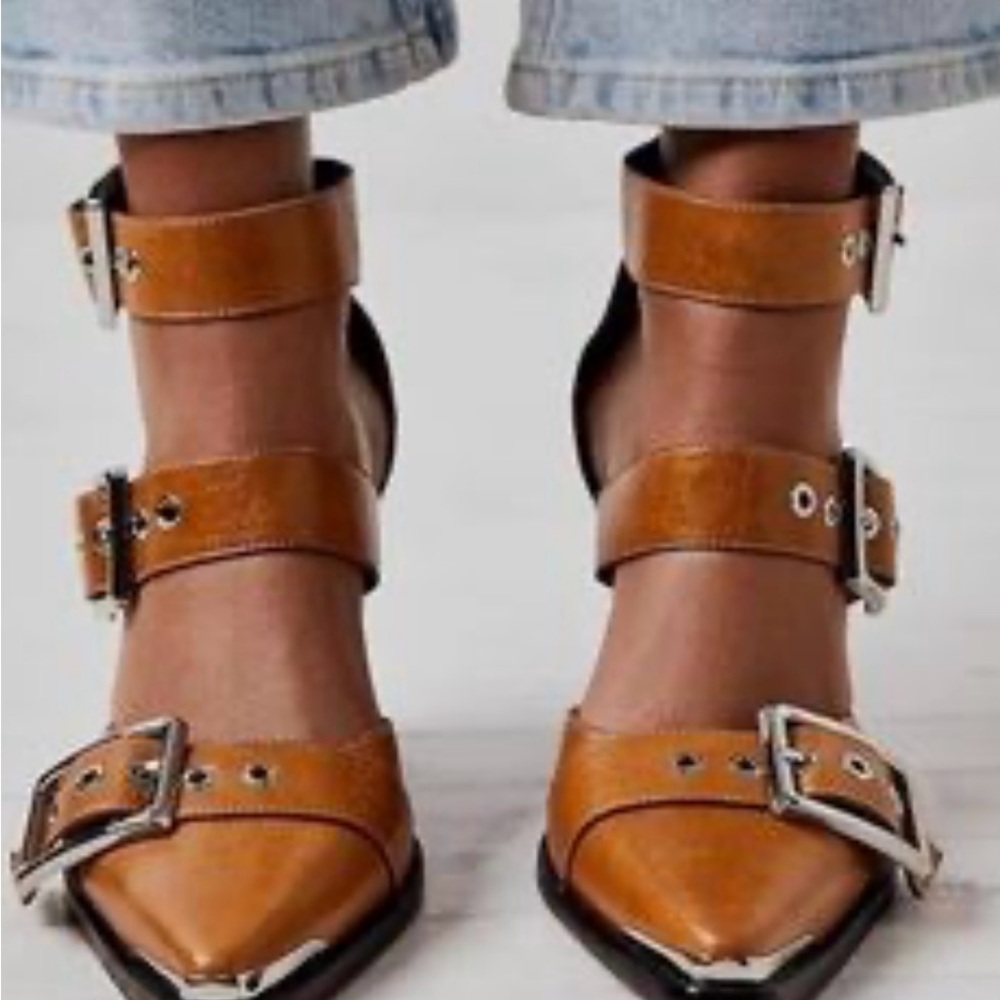 Greatonu Brown Leather Heels with Double Buckle Straps